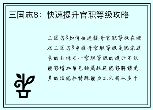 三国志8：快速提升官职等级攻略